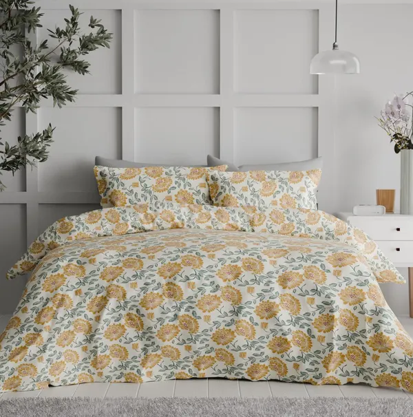 Floral Yellow and Yellow duvet set in a bedroom