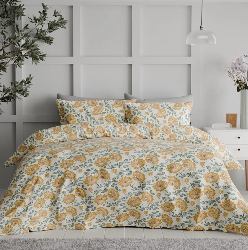 Floral Yellow and Yellow duvet set in a bedroom