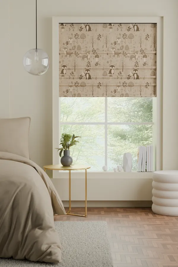 Printed roman blind in a calm bedroom corner