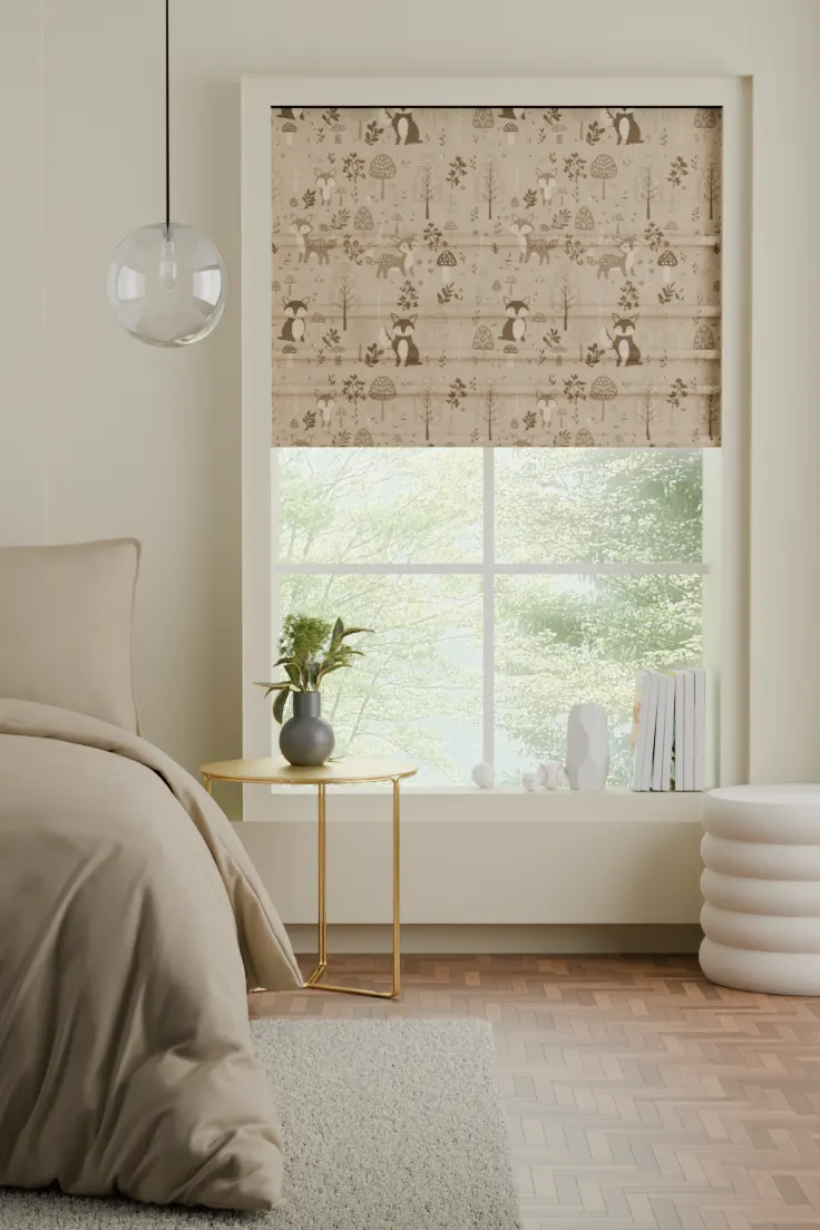 Printed roman blind in a calm bedroom corner