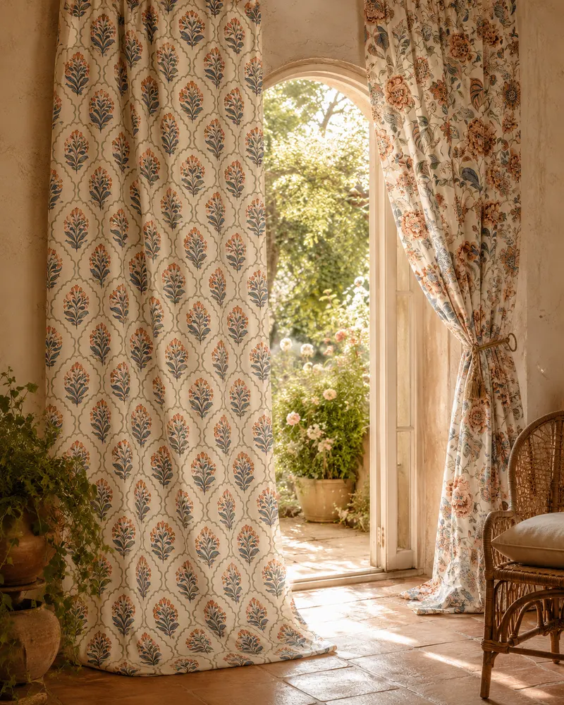 Printed curtains framing an arched doorway to a garden