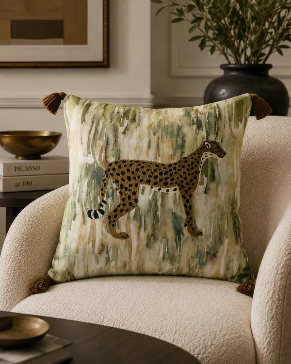 Cheetah cushion with tassels on a boucle armchair