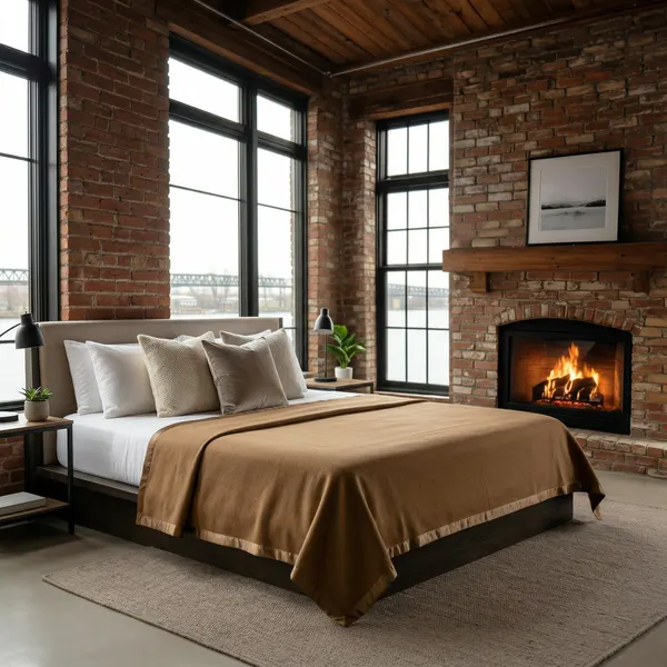 Industrial loft bedroom with brick, fireplace, and camel throw
